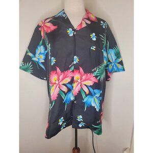 Womans Hawaiian Aloha shirt Black Floral M Tropical holiday Colorful Boho Indie